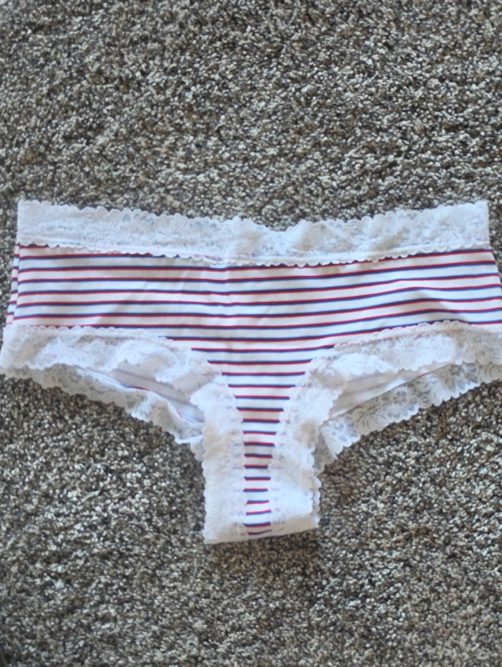Victoria's Secret Red White Blue Stripes and Lace Trim Cheeky Panty L